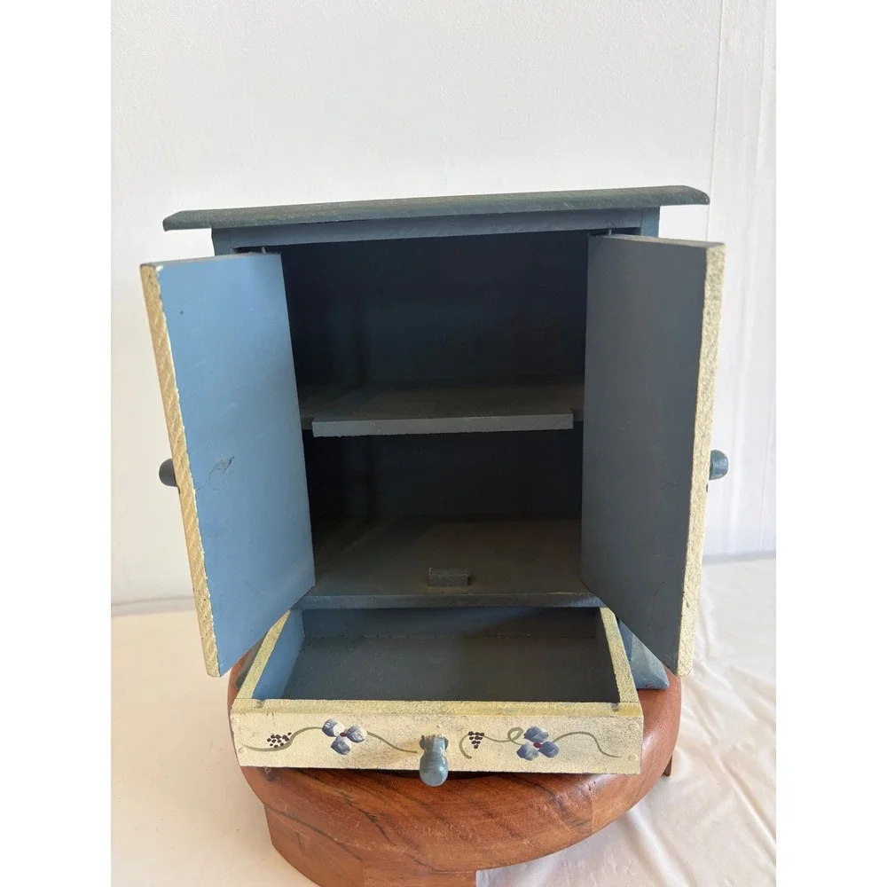 Vintage Hand Painted Wooden Cottagecore Jewelry Box Cabinet Floral Folk Art blue